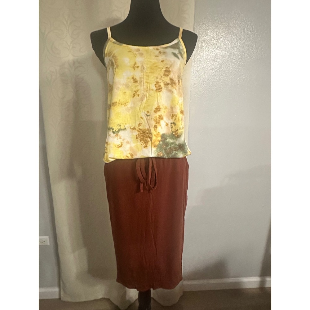 Zenana 2 Piece Set Yellow Tie Dye Cami Top and Rust Midi Skirt w Pockets-2XL